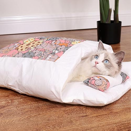 DOKLY Süßes Katzenbett,Orthopädischer Katzenschlafsack, Die Weiche und Warme Schlafsack Für Katzen, Abnehmbares und Waschbares Katzenkissen,Pinke Katze-S (Within 4 pounds) von DOKLY