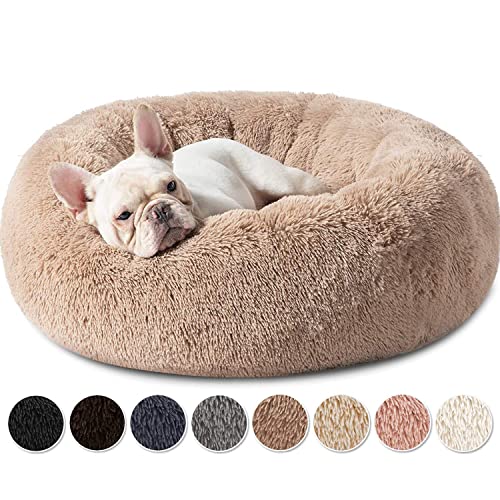 Haustierbett,Hundebett Flauschig,Rundes Plüsch Hundebett, Tragbare Warme Weiche Bequeme Hundebett Donut, Rundes Plüsch Katzenbett für Welpen und Katzen - Hellbraun 50x50x20cm von DOKLY