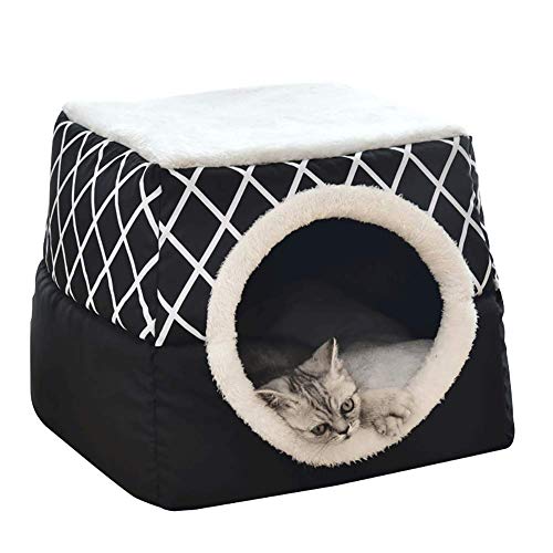 KatzenhöHle Große Katzen Bett, GemüTlich Katzenkorb,Haustier Pet Nest Schlafsack 2 in 1 Faltbar Kuschelhöhle Für Komfortabel 35x33x30cm (L, Schwarz),Noir-35x33x30cm von DOKLY