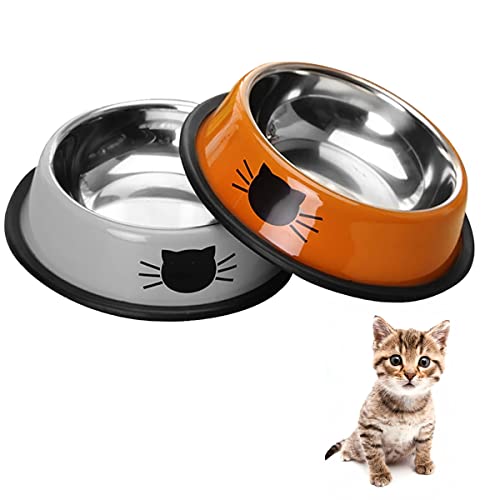 DOMI PRO Katzennäpfe Katzenschüssel Set, 2 Stück rutschfeste Katzennapf aus Edelstahl, Fressnapf Katze Wasserschale, Katzennapf erhöht Näpfe und Tränken für Haustier（Orange + Grau） von DOMI PRO