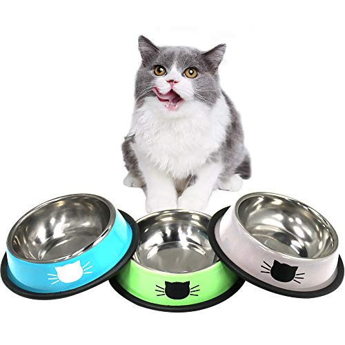 DOMI PRO Katzennäpfe Katzenschüssel Set, 3 Stück rutschfeste Katzennapf aus Edelstahl, Fressnapf Katze Wasserschale, Katzennapf erhöht Näpfe und Tränken für Haustier（Blau + Grün + Grau） von DOMI PRO