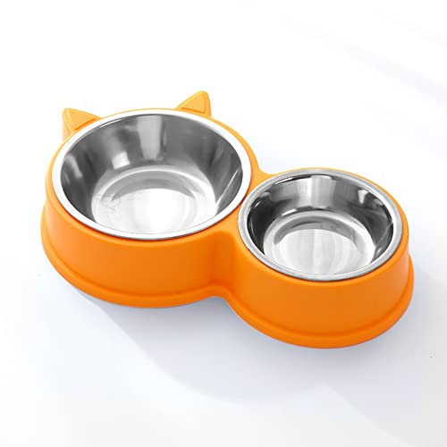 DOMI PRO Katzennäpfe Katzenschüssel Set, 30cm rutschfeste Katzennapf aus Edelstahl, Fressnapf Katze Wasserschale, Edelstahl Doppel Napf für Kleine und Mittelgroße Katzen und Hunde（Gelb） von DOMI PRO