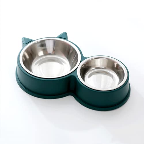 DOMI PRO Katzennäpfe Katzenschüssel Set, 30cm rutschfeste Katzennapf aus Edelstahl, Fressnapf Katze Wasserschale, Edelstahl Doppel Napf für Kleine und Mittelgroße Katzen und Hunde（Grün） von DOMI PRO