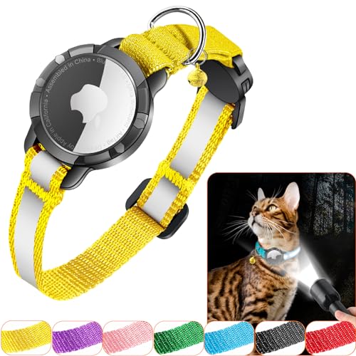 Airtag Katzenhalsband - Integriertes Katzenhalsband Airtag Wasserdicht,Reflektierendes Airtag Halsband Katze Halsband mit Sicherheitsverschluss Gummizug für Kätzchen Klein Hund (Gelb XS) von DOMIPHIE