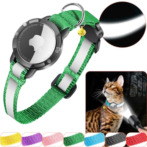 Airtag Katzenhalsband - Integriertes Katzenhalsband Airtag Wasserdicht,Reflektierendes Airtag Halsband Katze Halsband mit Sicherheitsverschluss Gummizug für Kätzchen Klein Hund (Grün XS) von DOMIPHIE