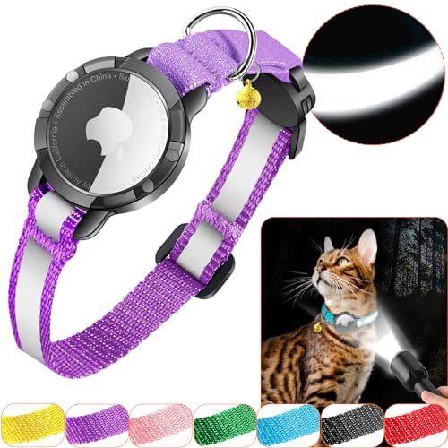 Airtag Katzenhalsband - Integriertes Katzenhalsband Airtag Wasserdicht,Reflektierendes Airtag Halsband Katze Halsband mit Sicherheitsverschluss Gummizug für Kätzchen Klein Hund (Lila XS) von DOMIPHIE