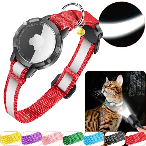 Airtag Katzenhalsband - Integriertes Katzenhalsband Airtag Wasserdicht,Reflektierendes Airtag Halsband Katze Halsband mit Sicherheitsverschluss Gummizug für Kätzchen Klein Hund (Rot S) von DOMIPHIE