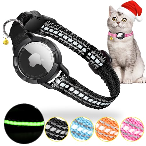 Airtag Katzenhalsband - Integriertes Katzenhalsband Airtag Wasserdicht,Reflektierendes Katzenhalsband mit Abbrechbarer Sicherheitsschnalle & Elastischer Gummizug für Kätzchen Klein Hund (Schwarz XS) von DOMIPHIE