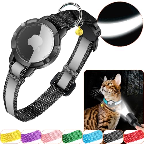 DOMIPHIE Airtag Katzenhalsband - Integriertes Katzenhalsband Airtag Wasserdicht,Reflektierendes Airtag Halsband Katze Halsband mit Sicherheitsverschluss Gummizug für Kätzchen Klein Hund (Schwarz S) von DOMIPHIE