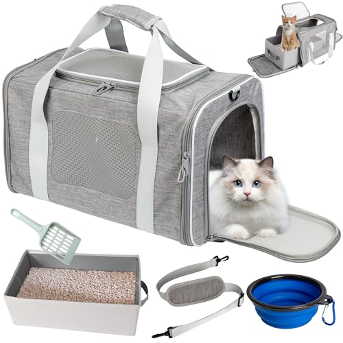 DONAQ Von Fluggesellschaften zugelassene Katzentoilette mit Katzentoilette, 43,2 x 27,9 x 30,5 cm, weiche Reisetoilette für bis zu 8,2 kg Katzen, große tragbare Tragetasche für lange Autofahrten, von DONAQ