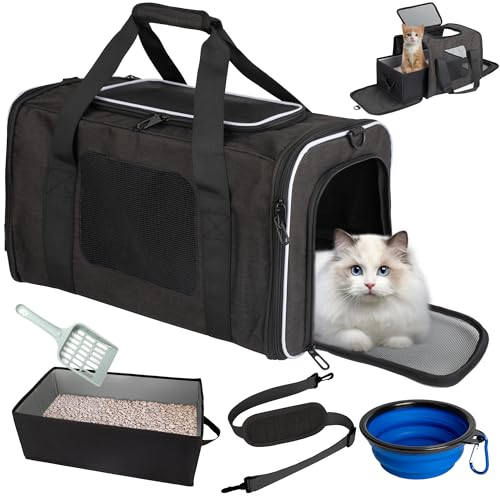 DONAQ Von Fluggesellschaften zugelassene Katzentoilette mit Katzentoilette, 43,2 x 27,9 x 30,5 cm, weiche Reisetoilette für bis zu 9 kg Katzen, große tragbare Tragetasche für lange Autofahrten, kommt von DONAQ