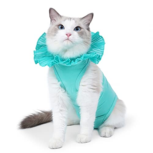 DONGKER Recovery Suit Katze,Atmungsaktiv Katzenbody Erholungsanzug,Einstellbar E-Halsband-Alternative mit Spitzenmuster für Verhindern Lecken Nach der Operation Tragen Weaning von DONGKER