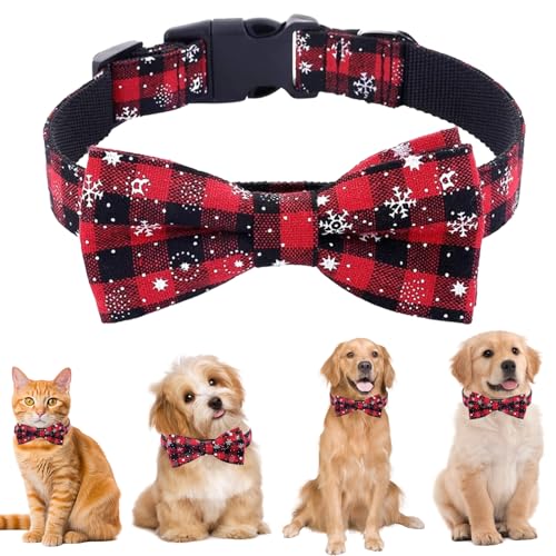 Hundehalsband Weihnachten Katzenhalsband, Weihnachtsfliege Hund Katze, Einstellbare Christmas Schneeflocke Fliege Rot Haustierhalsband, für Katzen, Welpen, Kleine, Mittlere und Große Hunde (L) von DONGSZQ