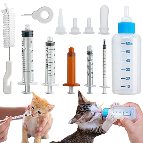 DONQL 12 Stück Aufzuchtflasche Kitten，Aufzuchtflasche Katze 60ml，Aufzuchtflasche Hund Mit 5 Nippel 5 Spritze, Katzen Flasche Set，Kitten Milch Aufzucht Für Welpen, Kätzchen, Eichhörnchen Kalb Lamm von DONQL