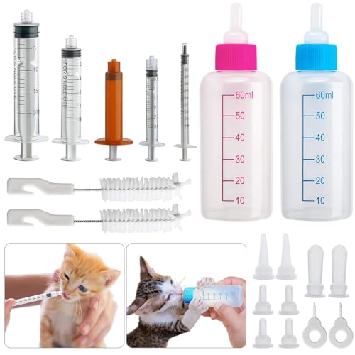 DONQL Aufzuchtflasche Kitten, 2 Stück Aufzuchtflasche Katze 60ml, Aufzuchtflasche Hund Mit 10 Nippel 5 Spritze, Katzen Flasche Set, Kitten Milch Aufzucht Für Welpen, Kätzchen, Eichhörnchen Kalb Lamm von DONQL