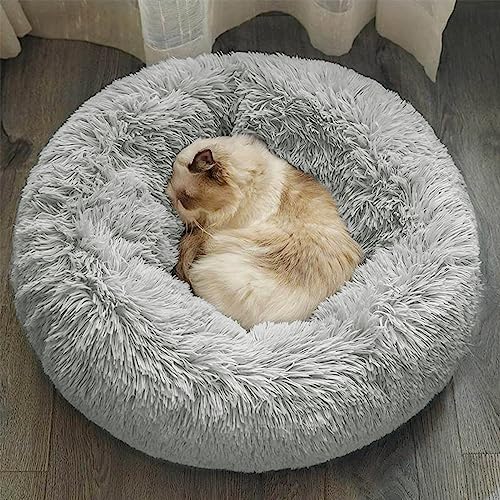 Katzenbett Hundebett, Kuscheliges und Weiches Flausching Hundebett und Katzenbett, Kompressionswiderstand und Waschbar Donut Haustierbett, für Kleine Bis Mittelgro ß e Hunde und Katzen(60CM,Hellgrau) von DONWEI