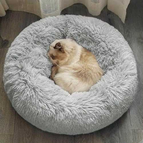 Katzenbett Hundebett, Kuscheliges und Weiches Flausching Hundebett und Katzenbett, Kompressionswiderstand und Waschbar Donut Haustierbett, für Kleine Bis Mittelgro ß e Hunde und Katzen(70CM,Hellgrau) von DONWEI