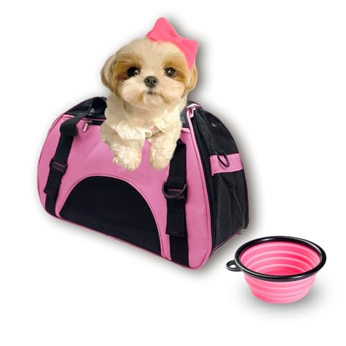 DONYER POWER Haustier-Tragetasche mit weichen Seiten, für Hunde und Katzen, bequem unter dem Sitz, Reisetasche für kleine Tiere mit Netz-Oberseite und Seiten, mit kleinem faltbarem Napf, Rosa von DONYER POWER