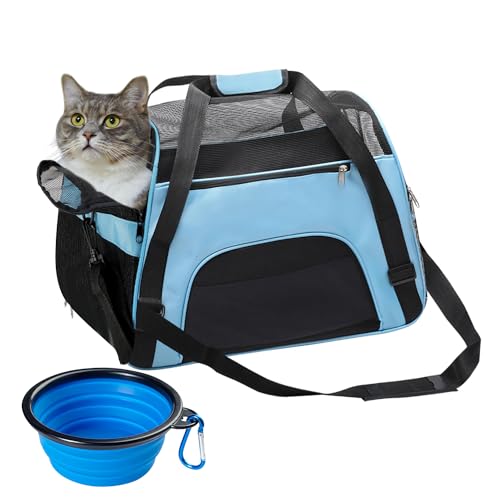 DONYER POWER Haustier-Tragetasche mit weichen Seiten, für Hunde und Katzen, bequem unter dem Sitz, Reisetasche für kleine Tiere mit Netz-Oberseite und Seiten, mit kleinem faltbarem Napf, Blau von DONYER POWER