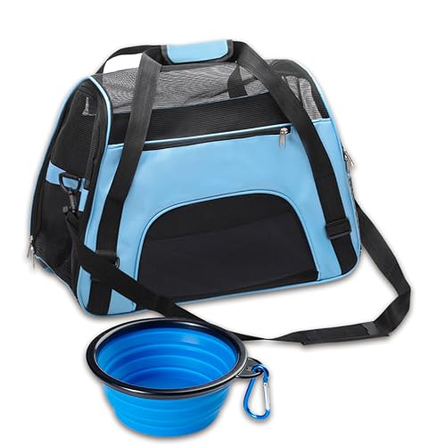 DONYER POWER Haustier-Tragetasche mit weichen Seiten, für Hunde und Katzen, bequem unter dem Sitz, Reisetasche für kleine Tiere mit Netz-Oberseite und Seiten, mit kleinem faltbarem Napf, Blau von DONYER POWER