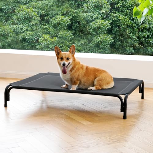 Erhöhtes Hundebett für mittelgroße Hunde, erhöhtes Outdoor-Hundebett mit Rahmen, Installation erfordert kein Werkzeug, waschbar, kühlend, atmungsaktiv, Textilen-Netz, rutschfeste Füße, Haustierbett von DOPEDIO