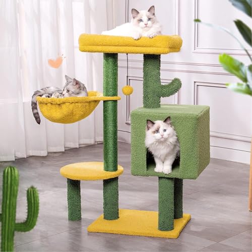 Kaktus-Katzenbaum, Katzenturm, Katzenwohnung Für Hauskatzen Mit Großer Gepolsterter Sitzstange, Bequemer Hängematte, Katzenkratzbaum Und Baumelndem Ball,A von DOPORA