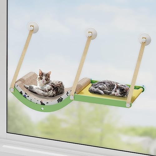 Katzen-Fenstersitzstange, 2-In-1 Große Katzenhängematte Für Hauskatzen, Atmungsaktive Und Waschbare Katzensitzstange, Mit Robustem Katzenkratzbrett,Grün von DOPORA