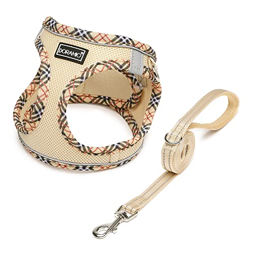 DORAMIO Hundegeschirr Kleine Hunde mit Leine, Step-in Geschirr Reflektierend Atmungsaktiv Brustgeschirr Anti Zug Sicherheitsgeschirr Katzengeschirr für Kleine Hunde, Katzen (Beige, XXS) von DORAMIO