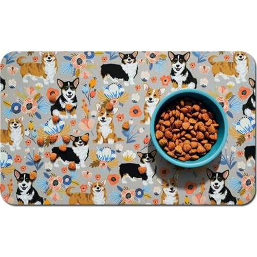 DOTBUY-SHOP Futtermatte Hund Saugfähig, Floral Muster Futterunterlage Katzen Haustier mit rutschfest Gummiunterseite Schnelltrocknend Futternapf Katzennapf Unterlage (Niedlich Stil,30x40cm) von DOTBUY-SHOP