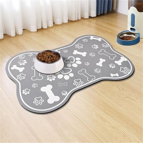 DOTBUY-SHOP Futtermatte Hund Saugfähig, Knochen Form Futterunterlage Katzen Haustier mit rutschfest Gummiunterseite Schnelltrocknend Futternapf Katzennapf Unterlage Waschbar (Hellgrau,20x30cm) von DOTBUY-SHOP