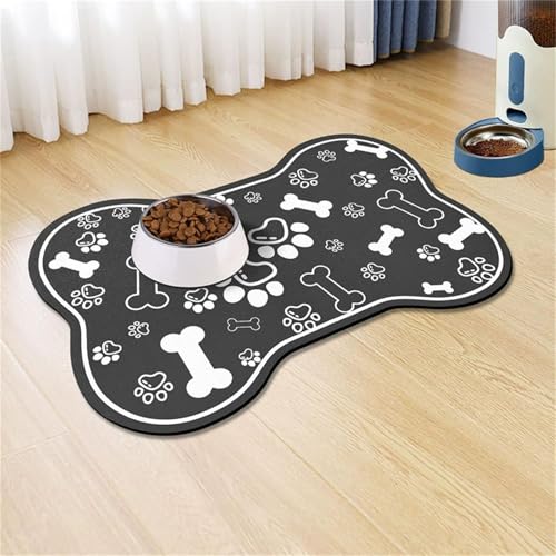 DOTBUY-SHOP Futtermatte Hund Saugfähig, Knochen Form Futterunterlage Katzen Haustier mit rutschfest Gummiunterseite Schnelltrocknend Futternapf Katzennapf Unterlage Waschbar (Schwarz,30x50cm) von DOTBUY-SHOP