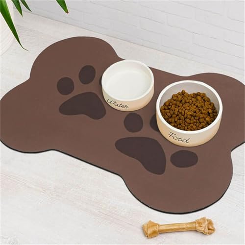 DOTBUY-SHOP Futtermatte Hund Saugfähig, Knochen Form Hundepfote Drucken Futterunterlage Katzen Haustier rutschfest Schnelltrocknend Futternapf Katzennapf Unterlage Waschbar (Braun,30x40cm) von DOTBUY-SHOP