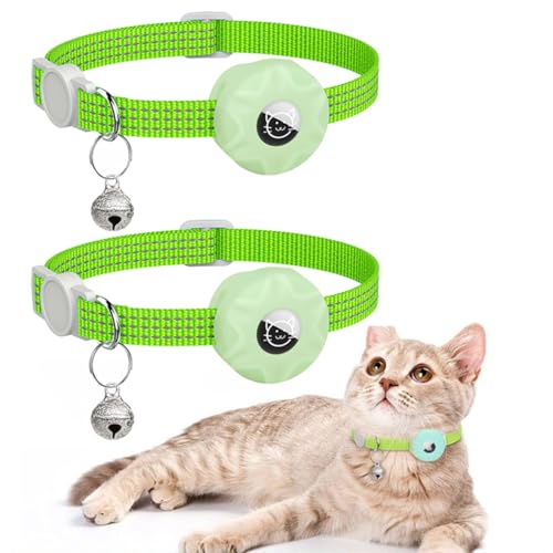 DOTEYAYP Airtag Katzenhalsband, reflektierend, mit Apple Airtag-Halterung und Glocke, für Mädchen, Jungen, kleine Hunde, Welpen, 2 Stück, Grün von DOTEYAYP