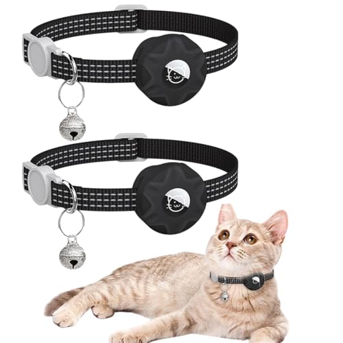 DOTEYAYP Airtag Katzenhalsband, reflektierend, mit Apple Airtag-Halterung und Glocke, für Mädchen, Jungen, kleine Hunde, Welpen, 2 Stück (schwarz) von DOTEYAYP