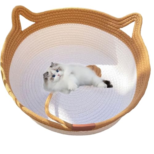 DOTH Virelapets Katzenkorb aus gewebtem Seil, 16 Arten Handgewebtes Katzenbett mit integrierter Kratzmatte & Spielball, Katzenkorb zum Schlafen und Spielen (Braun-1, L) von DOTH