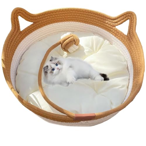 DOTH Virelapets Katzenkorb aus gewebtem Seil, 16 Arten Handgewebtes Katzenbett mit integrierter Kratzmatte & Spielball, Katzenkorb zum Schlafen und Spielen (Braun-2, L) von DOTH