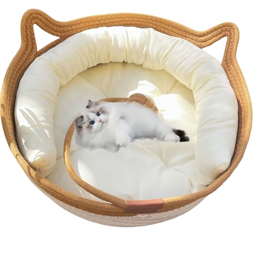 DOTH Virelapets Katzenkorb aus gewebtem Seil, 16 Arten Handgewebtes Katzenbett mit integrierter Kratzmatte & Spielball, Katzenkorb zum Schlafen und Spielen (Braun-3, M) von DOTH