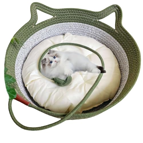 DOTH Virelapets Katzenkorb aus gewebtem Seil, 16 Arten Handgewebtes Katzenbett mit integrierter Kratzmatte & Spielball, Katzenkorb zum Schlafen und Spielen (Grün-2, L) von DOTH