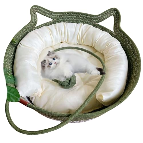 DOTH Virelapets Katzenkorb aus gewebtem Seil, 16 Arten Handgewebtes Katzenbett mit integrierter Kratzmatte & Spielball, Katzenkorb zum Schlafen und Spielen (Grün-3, M) von DOTH