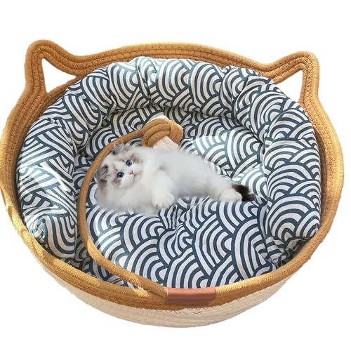 Virelapets Katzenkorb aus gewebtem Seil, 16 Arten Handgewebtes Katzenbett mit integrierter Kratzmatte & Spielball, Katzenkorb zum Schlafen und Spielen (Braun-5, L) von DOTH