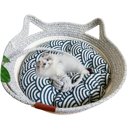 Virelapets Katzenkorb aus gewebtem Seil, 16 Arten Handgewebtes Katzenbett mit integrierter Kratzmatte & Spielball, Katzenkorb zum Schlafen und Spielen (Grau-4, M) von DOTH