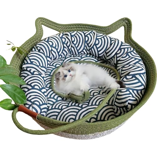 Virelapets Katzenkorb aus gewebtem Seil, 16 Arten Handgewebtes Katzenbett mit integrierter Kratzmatte & Spielball, Katzenkorb zum Schlafen und Spielen (Grün-5, L) von DOTH