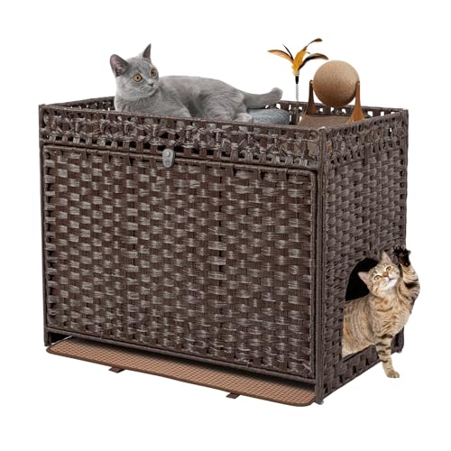 DOVEAID Katzentoilette Enclosure Furniture Hidden, Pet House Litter Box Furniture for Large Cats, Handwoven Rattan with Door Cat Washroom Box, Indoor Cat House Storage with Soft Litter Mat, Brown von DOVEAID