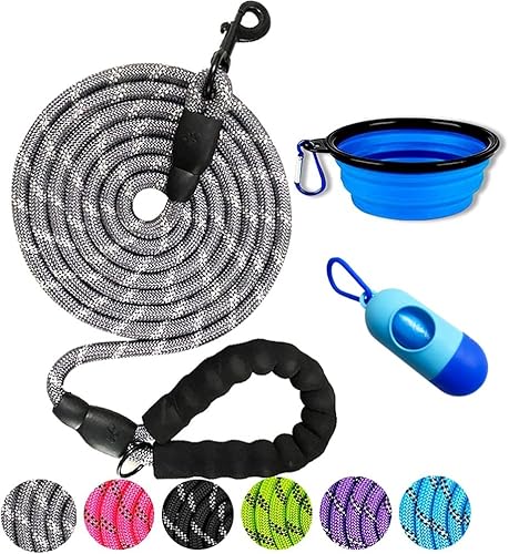 DOYOO Hundeleine, 1,8 m / 3 m, dickes, strapazierfähiges Nylon-Seil, komfortabler, gepolsterter Griff, reflektierendes Seil, Hundeleine für mittelgroße und große Hunde, mit faltbarem Futternapf und Müllbeutel, reflektierend, 3 m, grau von DOYOO