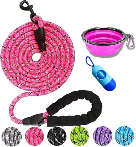 DOYOO Hundeleine, 3 m dickes, strapazierfähiges Nylon-Seil, angenehm gepolsterter Griff, reflektierendes Seil, Hundeleine für mittelgroße und große Hunde, mit faltbarem Futternapf und Müllbeutel, reflektierend, 3 m, Pink von DOYOO