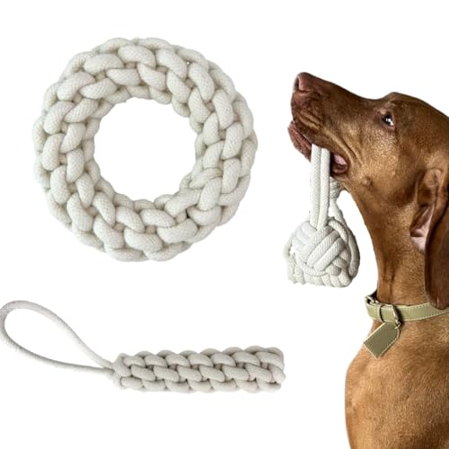 DOYS Premium Hundespielzeug 3er Set Seilspielzeug für kleine mittlere große Hunde Welpenspielzeug aus 100% natürlichen Materialien interaktives Hunde Spielzeug, dog toys, hundezubehör (Beige Groß) von DOYS