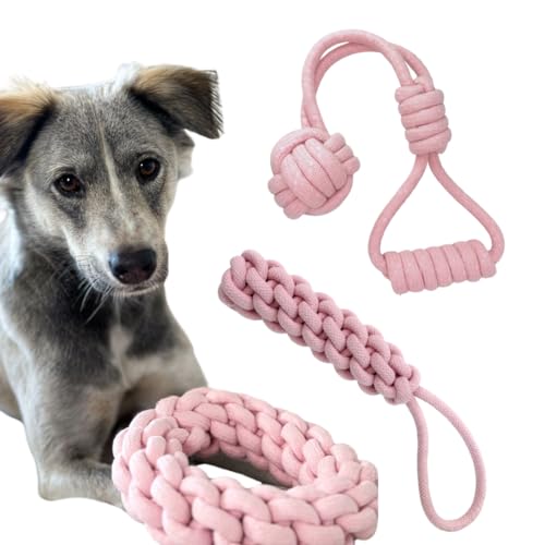 DOYS Premium Hundespielzeug 3er Set Seilspielzeug für kleine mittlere große Hunde Welpenspielzeug aus 100% natürlichen Materialien interaktives Hunde Spielzeug, Dog Toys, hundezubehör (Rosa Groß) von DOYS