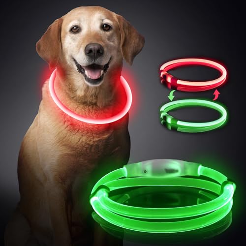 Leuchtendes Hundehalsband, über USB wiederaufladbares LED-Licht, wasserdichtes TPU-Material, einstellbare Größe, zweifarbiger Dual-Modus, geeignet für kleine, mittlere und große Hunde (rot und grün) von DQGHQME