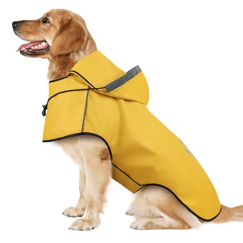 Regenmantel Hund DQGHQME Hunderegenmantel mit Reflexstreifen, Verstellbarer Regenjacke Hund, Hundemantel Wasserdicht, Regencape Hund Mit Kapuze, Regenjacken für Kleine Mittelgroße Groß Hunde (L, Gelb) von DQGHQME