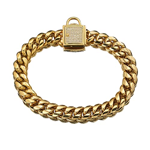 DQZRTUECA 14 mm goldenes Kettenhalsband, Metall-Welpenhalsband, luxuriöse Hunde-Gold-Halskette mit kubanischem Kettenglied aus kubanischem Kettenglied aus kubischem Zirkon aus Edelstahl(Gold,12inch) von DQZRTUECA